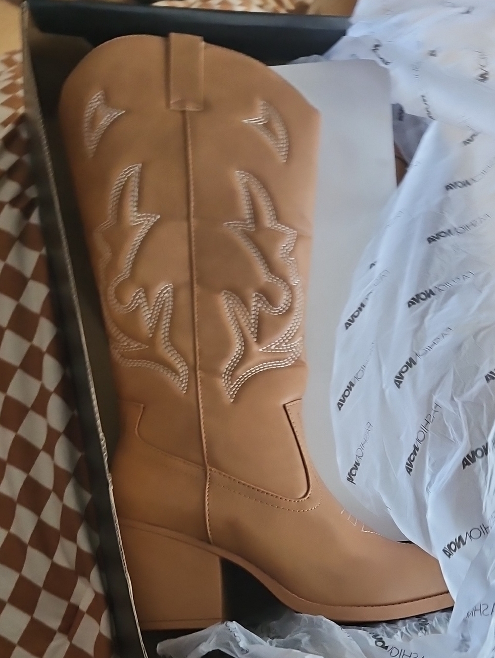 NEW.. Fashion Nova Tan Western Embroidered Mid-Calf Boot